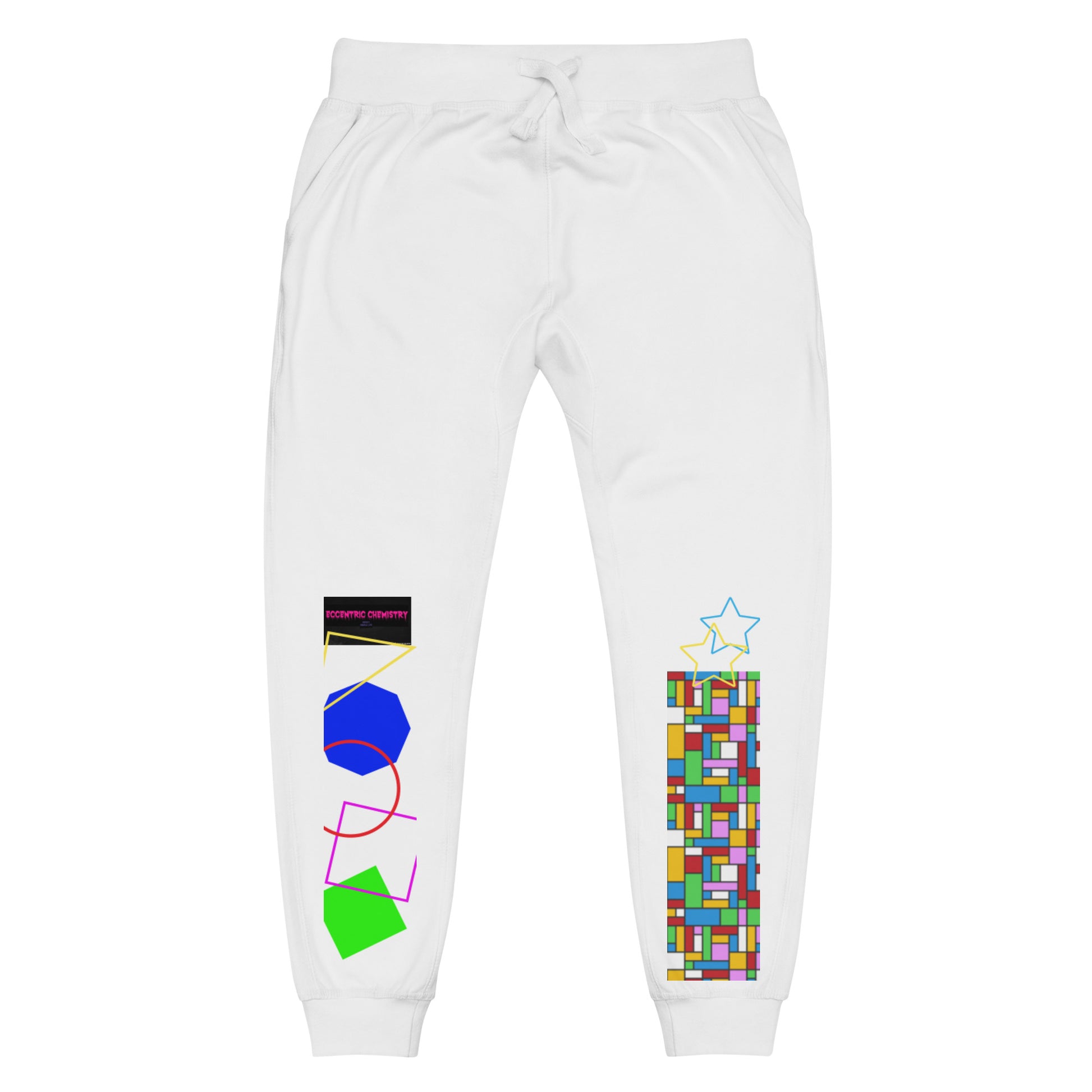 Unisex white fleece sweatpants featuring geometric patterns from Eccentric Chemistry's Geometry Exploration Joggers collection.