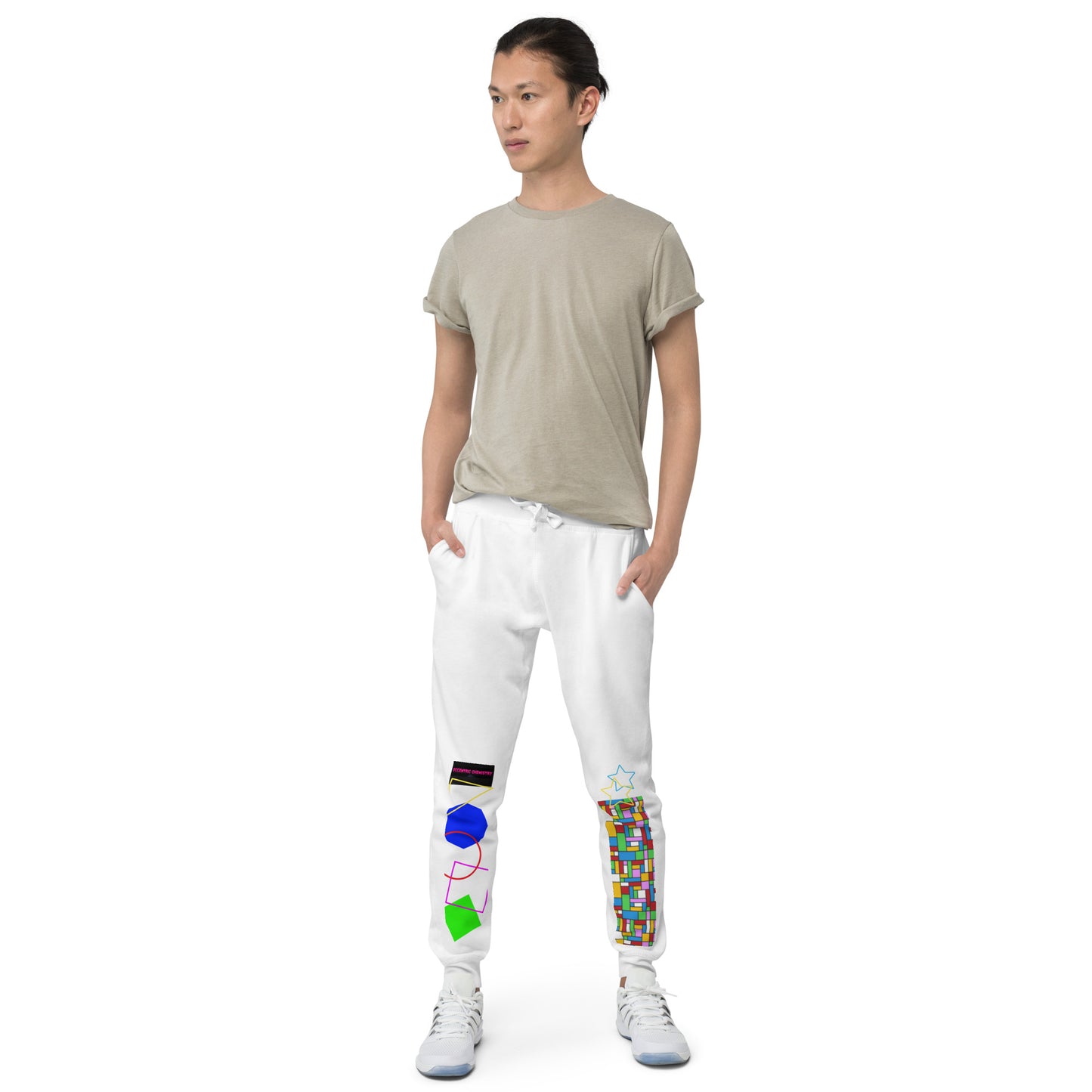Unisex white fleece sweatpants with geometric print from Eccentric Chemistry's Geometry Exploration Joggers collection.