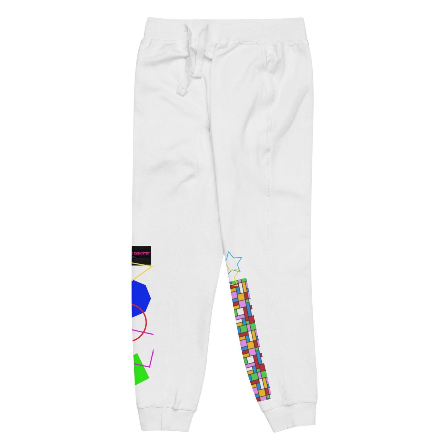 Unisex white fleece sweatpants with geometric print, front view, casual joggers from Eccentric Chemistry's Tiny Shop of T-Shirt Horrors.