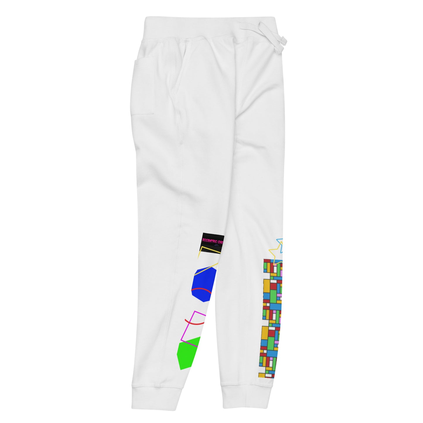 White unisex fleece sweatpants from Eccentric Chemistry's Geometry Exploration Joggers, shown from front right angle.
