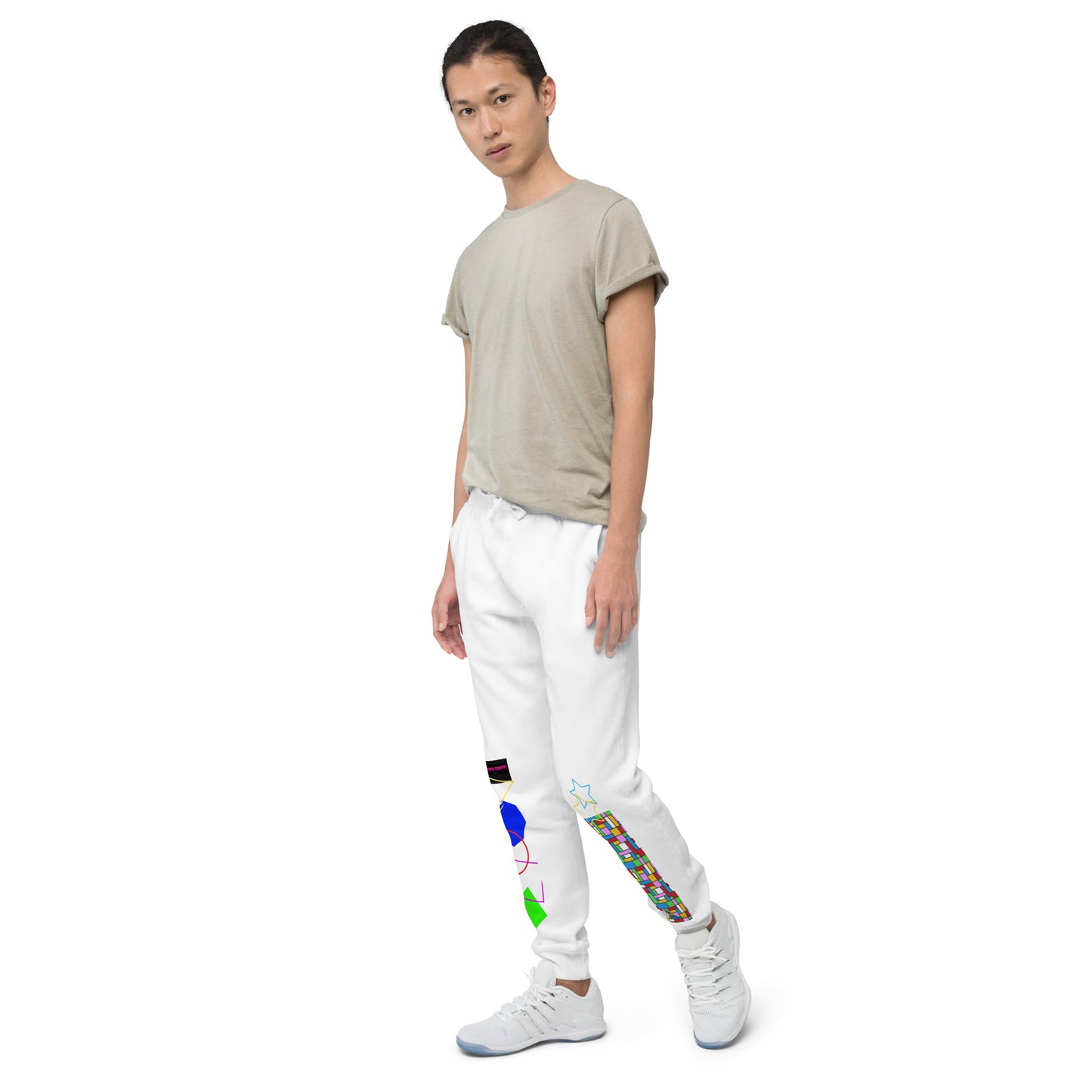 Unisex white fleece sweatpants with geometric print from Eccentric Chemistry's Geometry Exploration Joggers collection, front view.