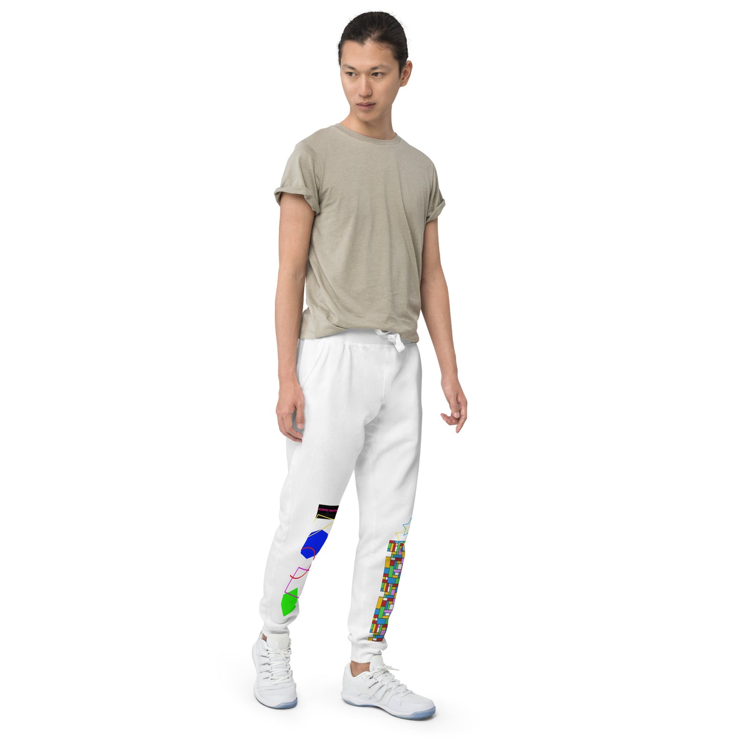 Unisex white fleece sweatpants with geometric print, front view, casual joggers from Eccentric Chemistry's Tiny Shop of T-Shirt Horrors.