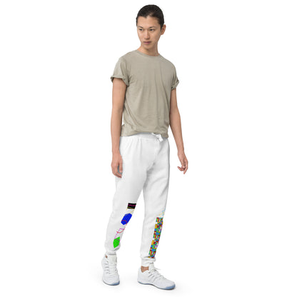 Unisex white fleece sweatpants with geometric print, front view, casual joggers from Eccentric Chemistry's Tiny Shop of T-Shirt Horrors.