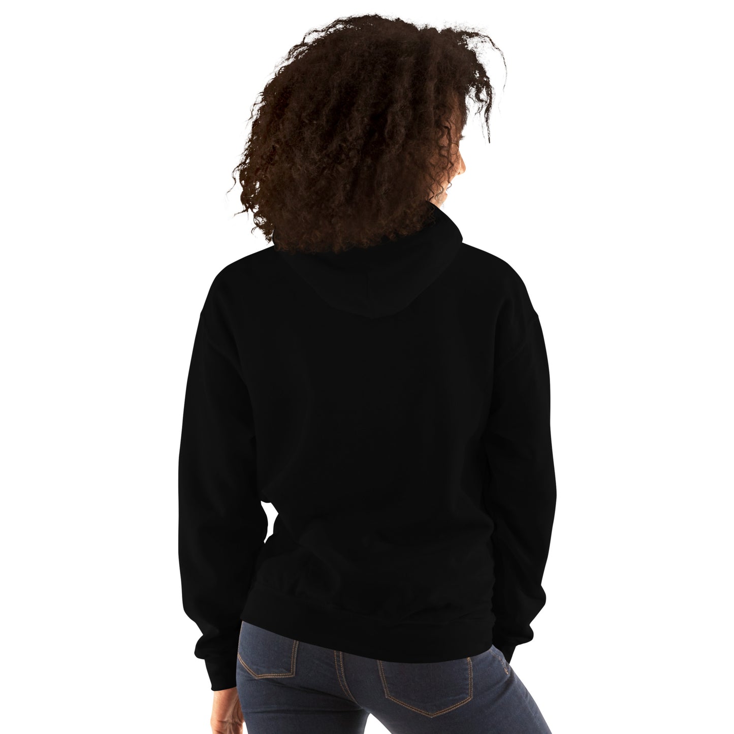 Unisex black hoodie featuring Eccentric Art Lab’s Death of Her experiment design on the back, casual stylish hoodie for all genders.