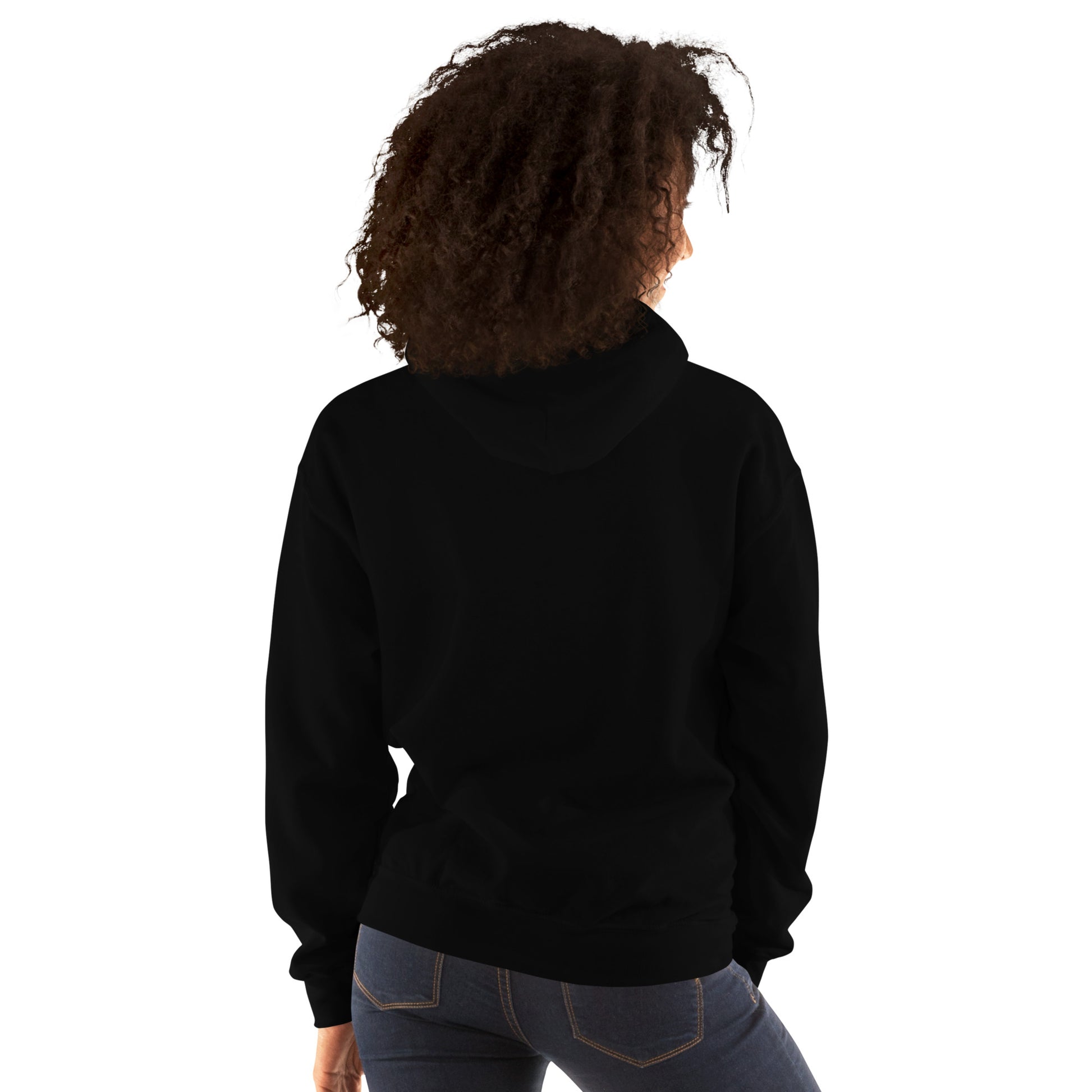Unisex black hoodie featuring Eccentric Art Lab’s Death of Her experiment design on the back, casual stylish hoodie for all genders.