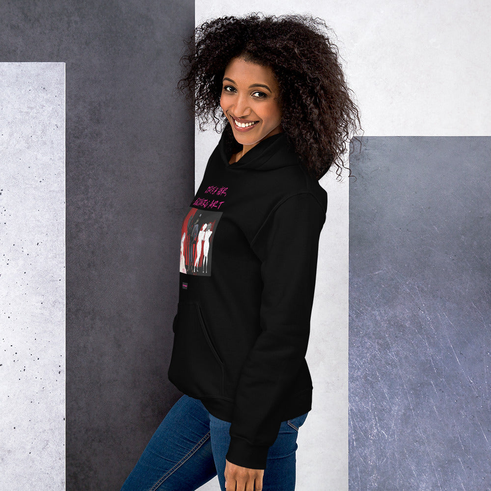 Black unisex Eccentric Art Lab Hoodie with experimental "Death of Her" design from Eccentric Chemistry's laboratory collection.