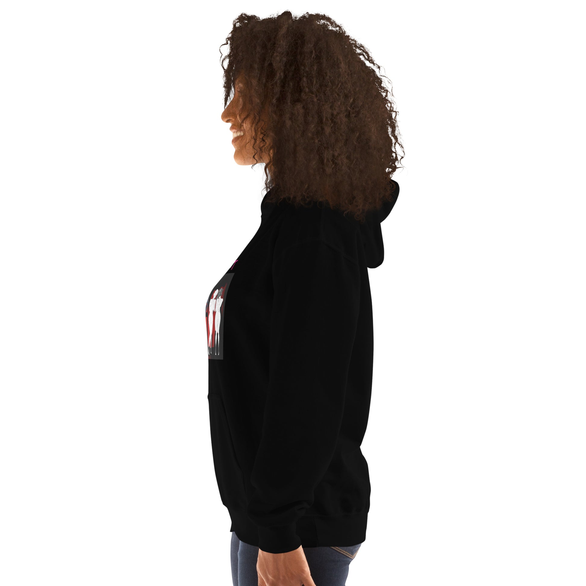 Black unisex Eccentric Art Lab Hoodie featuring a bold Death of Her design, made from heavy blend fabric for casual comfort.