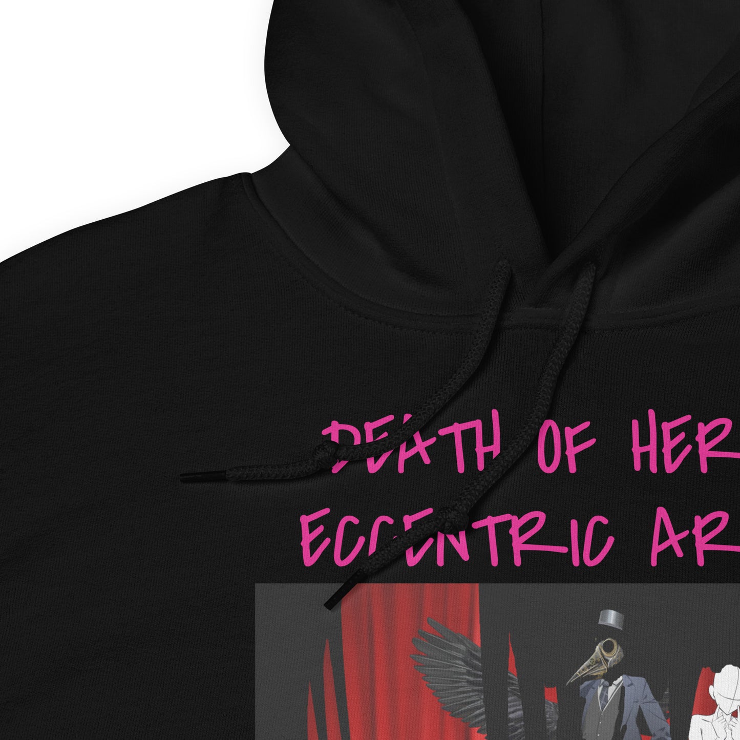 Unisex black hoodie from Eccentric Chemistry’s Lab featuring eccentric art design, soft heavy-blend fabric, and stylish casual fit.