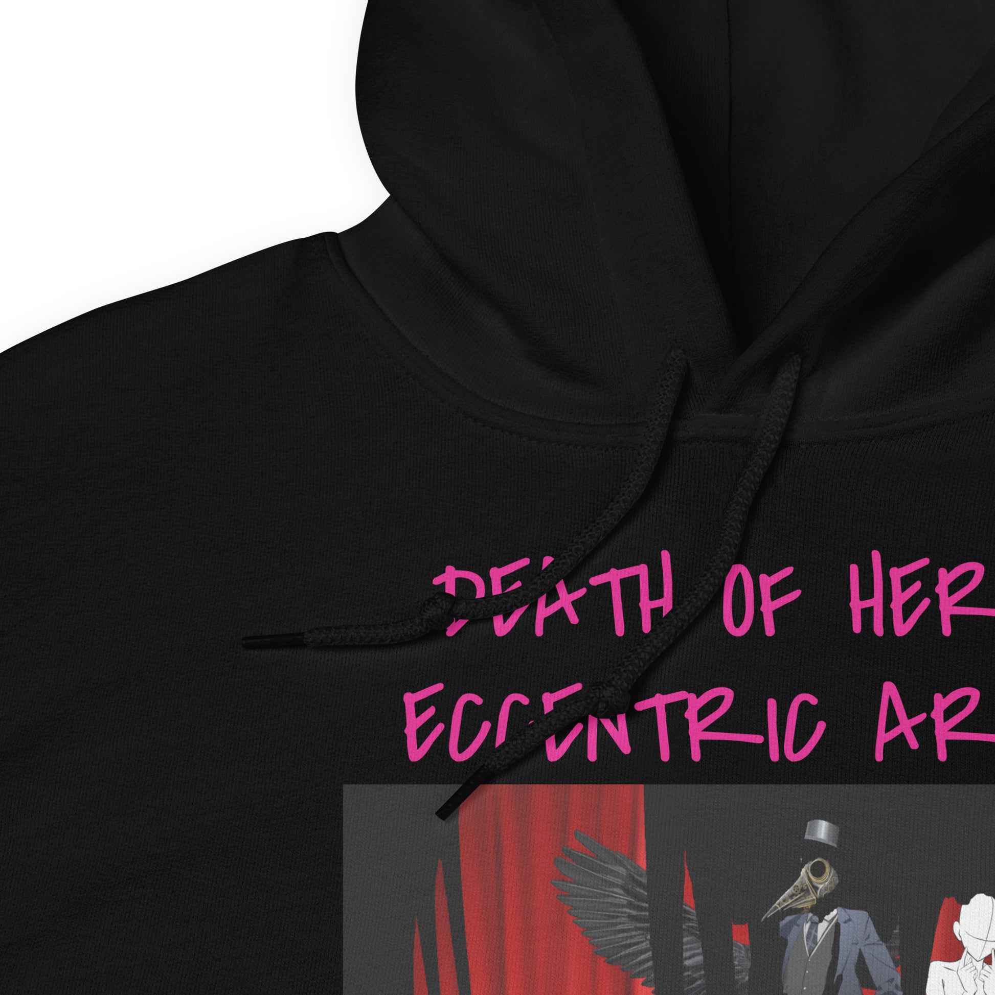 Unisex black hoodie from Eccentric Chemistry’s Lab featuring eccentric art design, soft heavy-blend fabric, and stylish casual fit.
