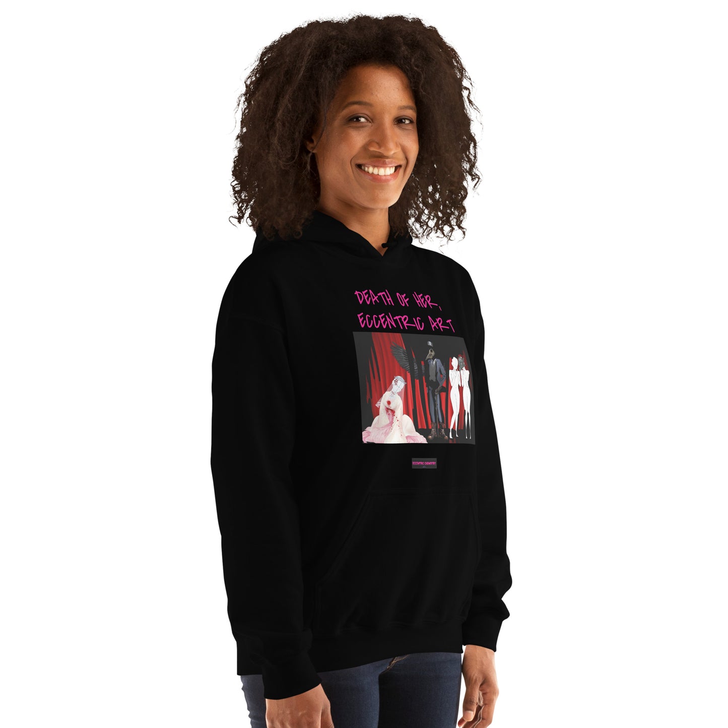 Black unisex Eccentric Art Lab Hoodie featuring a unique "Death of Her" design from Eccentric Chemistry’s Laboratory of Strange & Stylish Things.