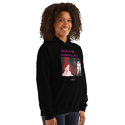 Black unisex Eccentric Art Lab Hoodie featuring a unique "Death of Her" design from Eccentric Chemistry’s Laboratory of Strange & Stylish Things.