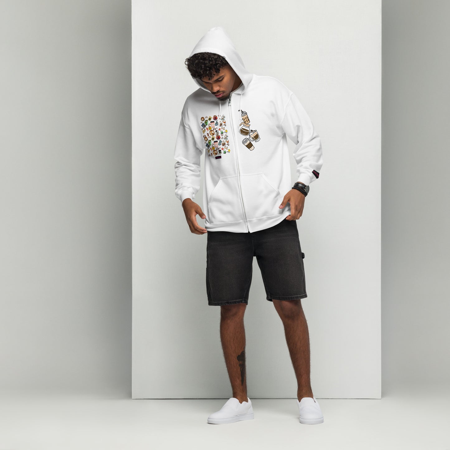 Unisex white heavy blend zip hoodie featuring coffee lover double delight design from Eccentric Chemistry's Laboratory of Strange & Stylish Things.