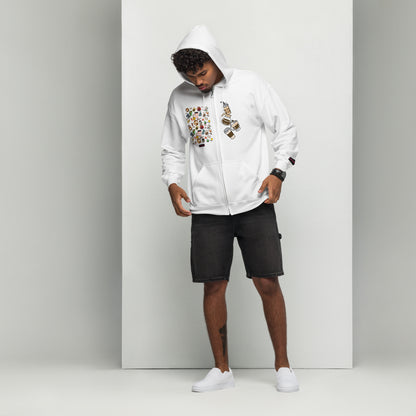 Unisex white heavy blend zip hoodie featuring coffee lover double delight design from Eccentric Chemistry's Laboratory of Strange & Stylish Things.