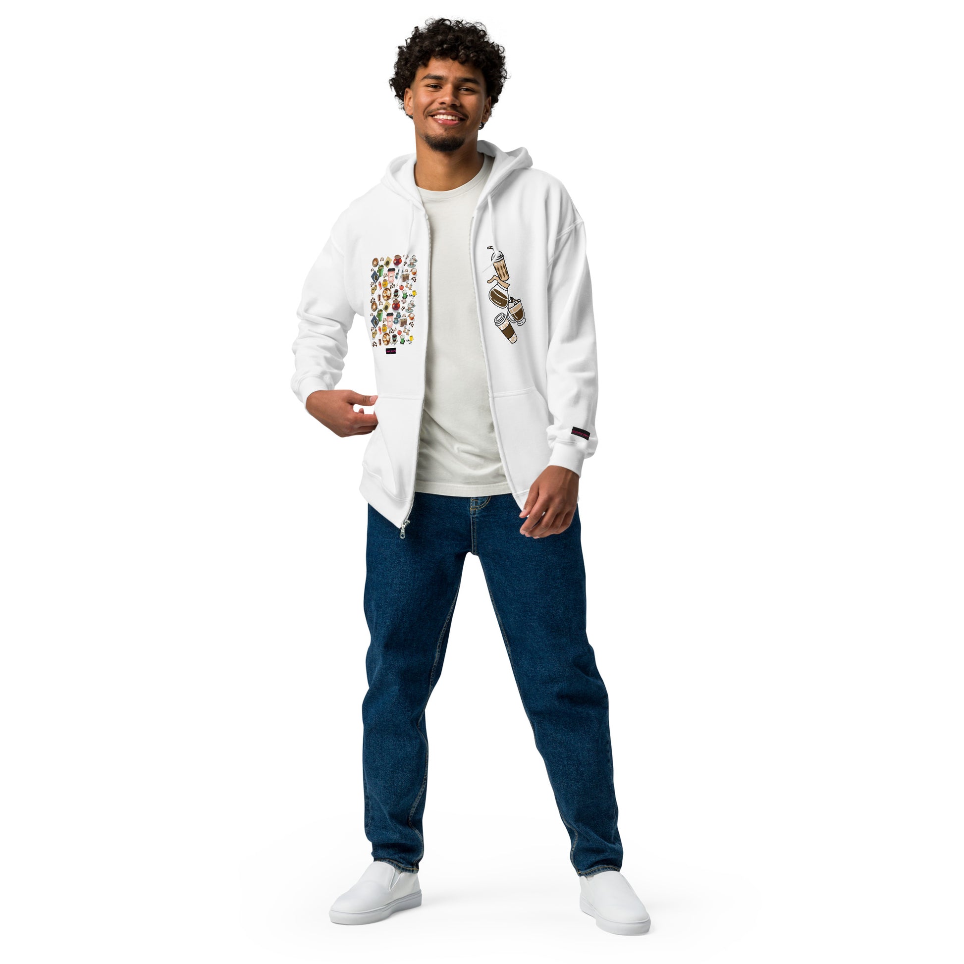 Unisex white heavy blend zip hoodie featuring coffee lover-themed design from Eccentric Chemistry’s Laboratory of Strange & Stylish Things.