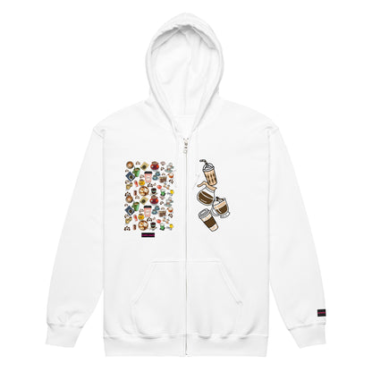 Unisex white zip hoodie featuring coffee lover double delight graphic from Eccentric Chemistry’s Laboratory of Strange & Stylish Things.