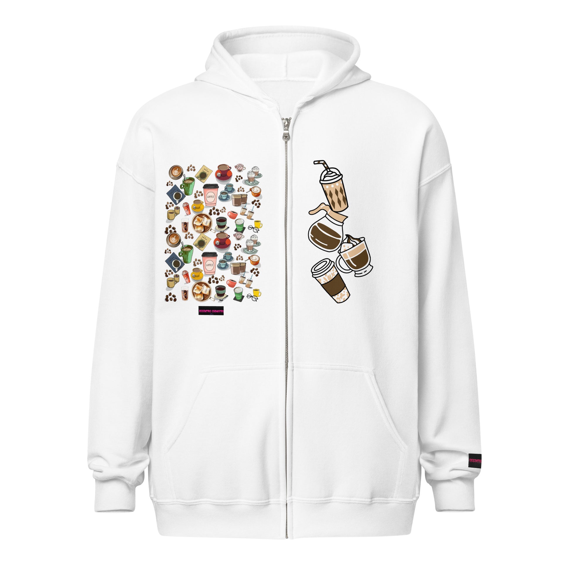 Unisex white heavy blend zip hoodie featuring coffee lover-themed double delight experiment design from Eccentric Chemistry.