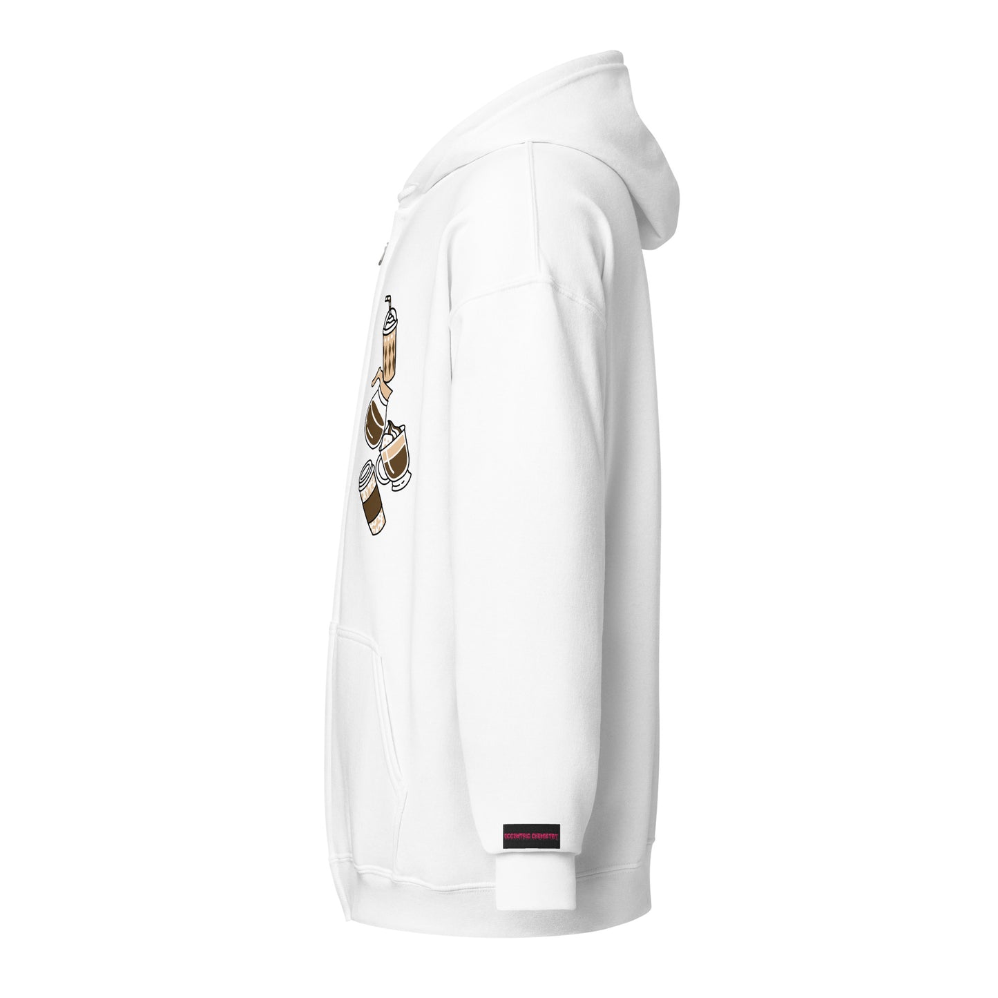 White unisex heavy blend zip hoodie featuring coffee lover double delight design from Eccentric Chemistry’s Laboratory of Strange & Stylish Things.