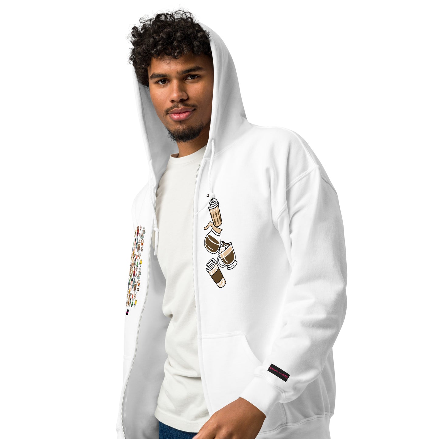 Unisex white zip hoodie featuring coffee lover design from Eccentric Chemistry’s Laboratory of Strange & Stylish Things.