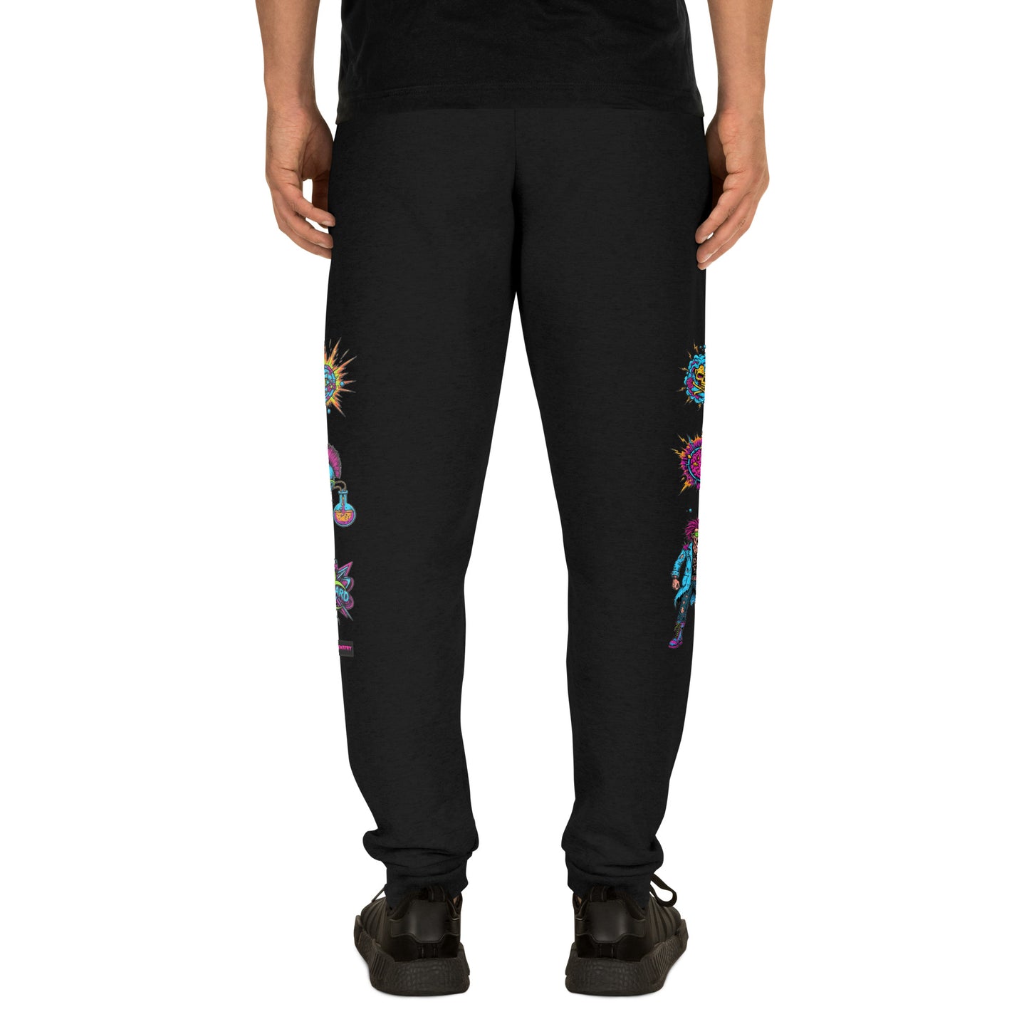 Unisex black joggers with Mad Science Experiment design, casual streetwear from Eccentric Chemistry’s Laboratory of Strange & Stylish Things.