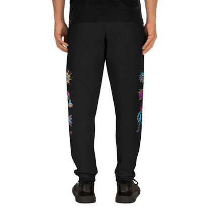 Unisex black joggers with Mad Science Experiment design, casual streetwear from Eccentric Chemistry’s Laboratory of Strange & Stylish Things.