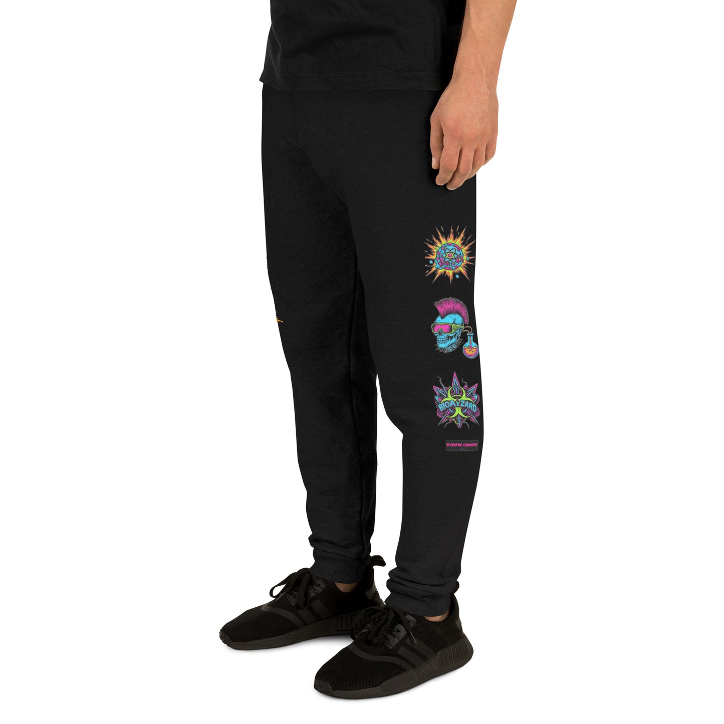 Black unisex joggers featuring a Mad Science Experiment design from Eccentric Chemistry's Laboratory of Strange & Stylish Things.