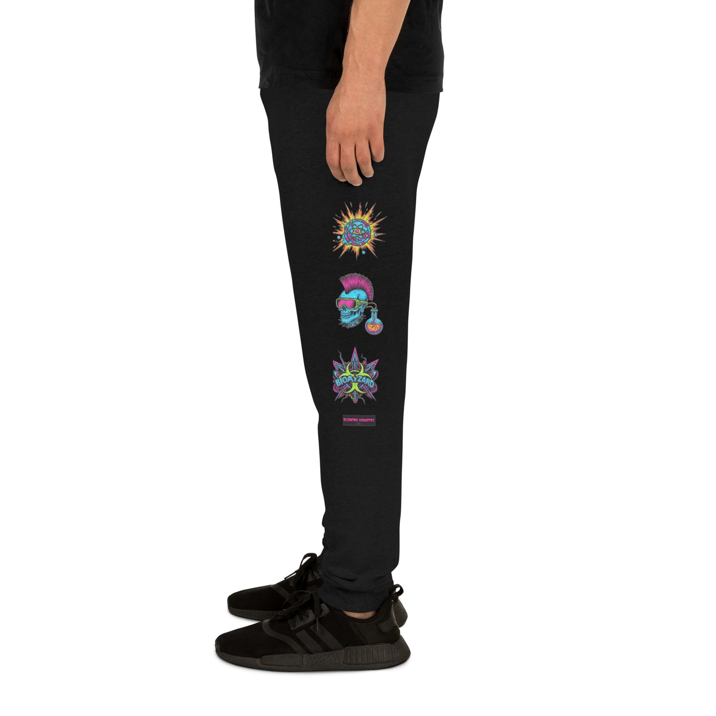 Black unisex joggers featuring a Mad Science Experiment design from Eccentric Chemistry’s Laboratory of Strange & Stylish Things.