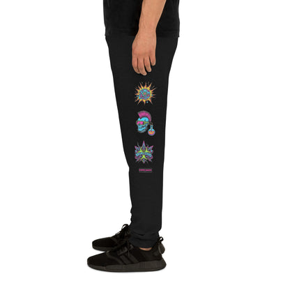 Black unisex joggers featuring a Mad Science Experiment design from Eccentric Chemistry’s Laboratory of Strange & Stylish Things.