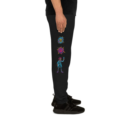 Unisex black joggers with Mad Science Experiment design on right leg, from Eccentric Chemistry’s Laboratory of Strange & Stylish Things.