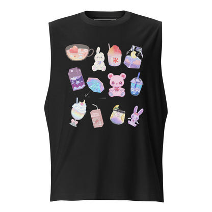 Black unisex muscle shirt from Beverage Theory Experiment by Eccentric Chemistry, featuring stylish, experimental laboratory-inspired design.