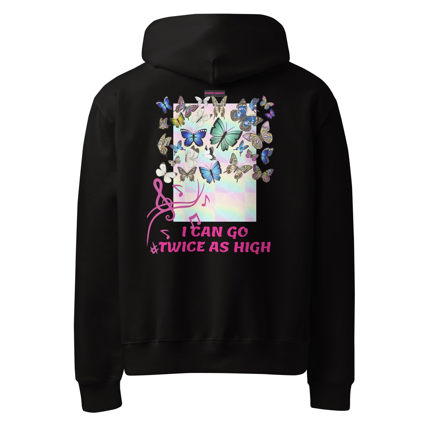 Unisex oversized heavyweight hoodie from Eccentric Chemistry with a black back featuring a fungi feast experiment design.