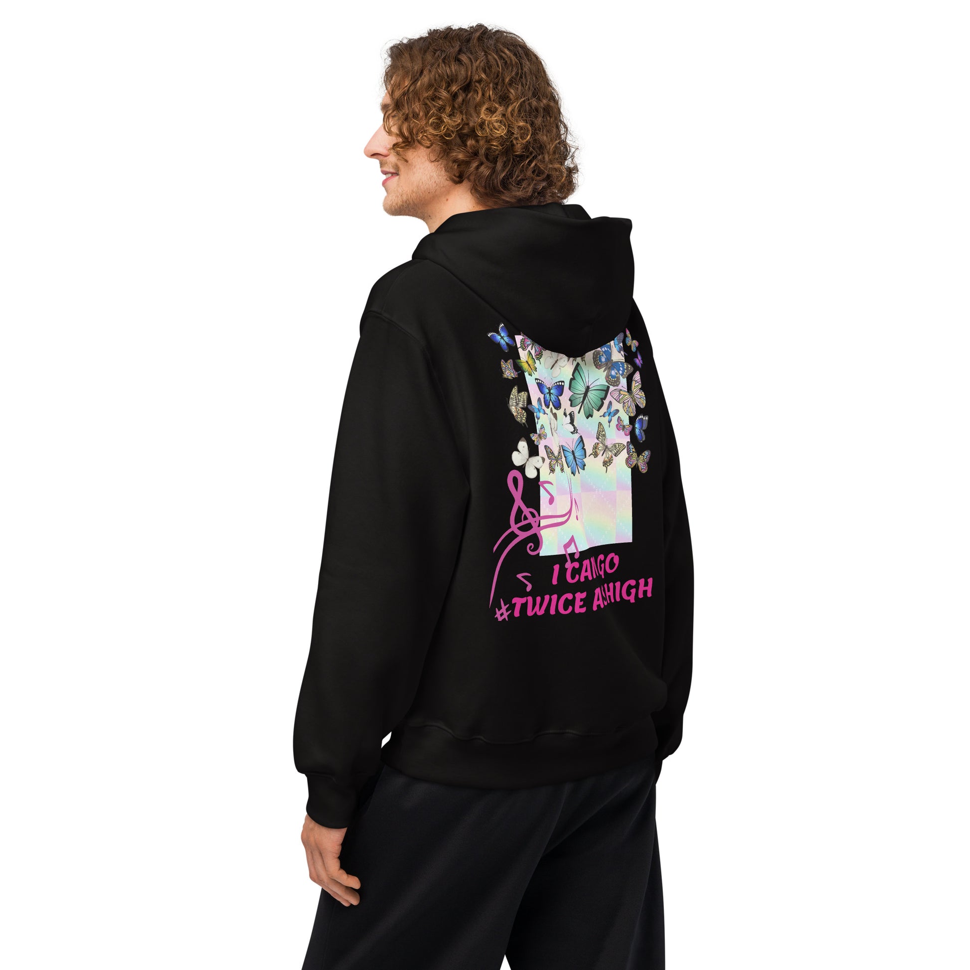 Black unisex oversized heavyweight hoodie featuring a fungi feast experiment design from Eccentric Chemistry’s Laboratory of Strange & Stylish Things.