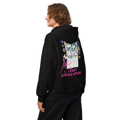 Black unisex oversized heavyweight hoodie featuring a fungi feast experiment design from Eccentric Chemistry’s Laboratory of Strange & Stylish Things.