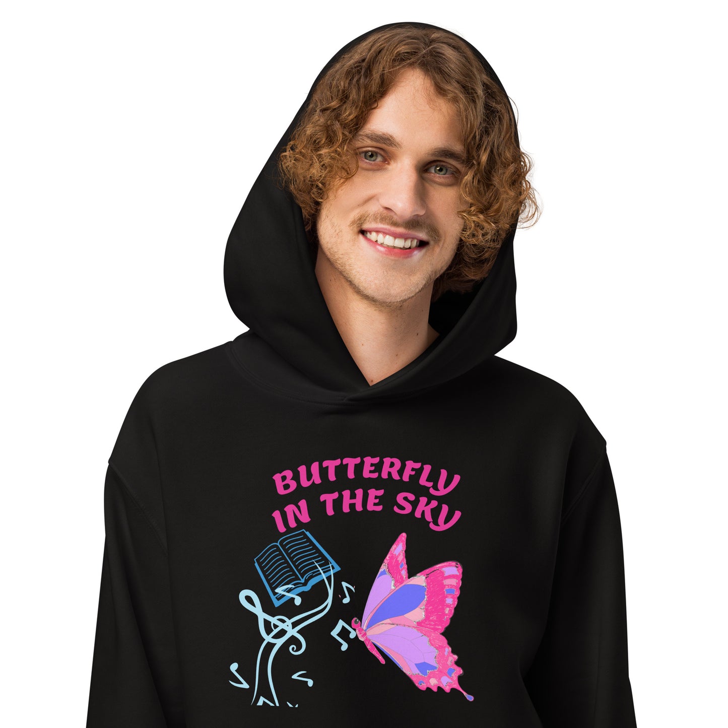 Black unisex oversized heavyweight hoodie featuring a fungi feast experiment design from Eccentric Chemistry’s Laboratory of Strange & Stylish Things.