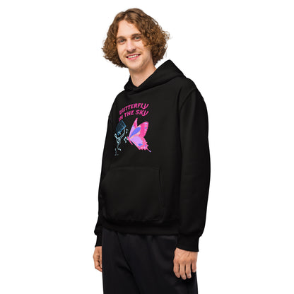 Black unisex oversized heavyweight hoodie featuring a fungi feast experiment design from Eccentric Chemistry's Laboratory of Strange & Stylish Things.