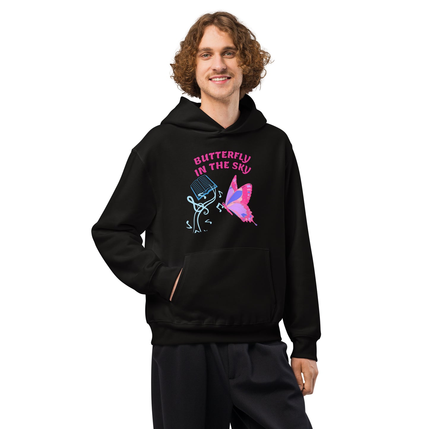 Black unisex oversized heavyweight hoodie featuring fungi feast experiment design by Eccentric Chemistry, shown from the right front.