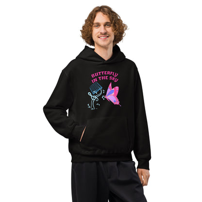 Black unisex oversized heavyweight hoodie featuring fungi feast experiment design by Eccentric Chemistry, shown from the right front.