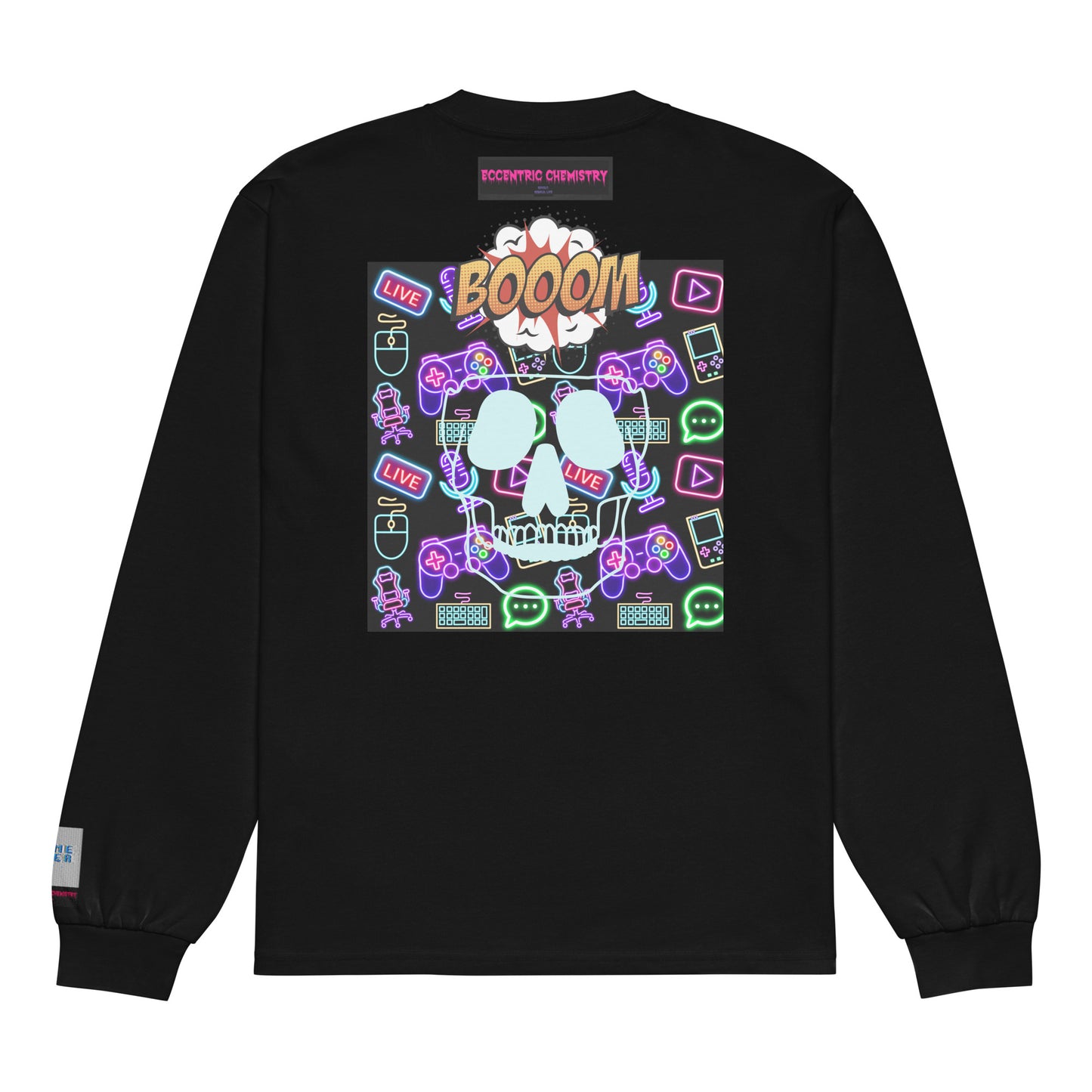 Black premium heavyweight long sleeve shirt featuring a classic "Game Over Research" design, unisex fit from Eccentric Chemistry.