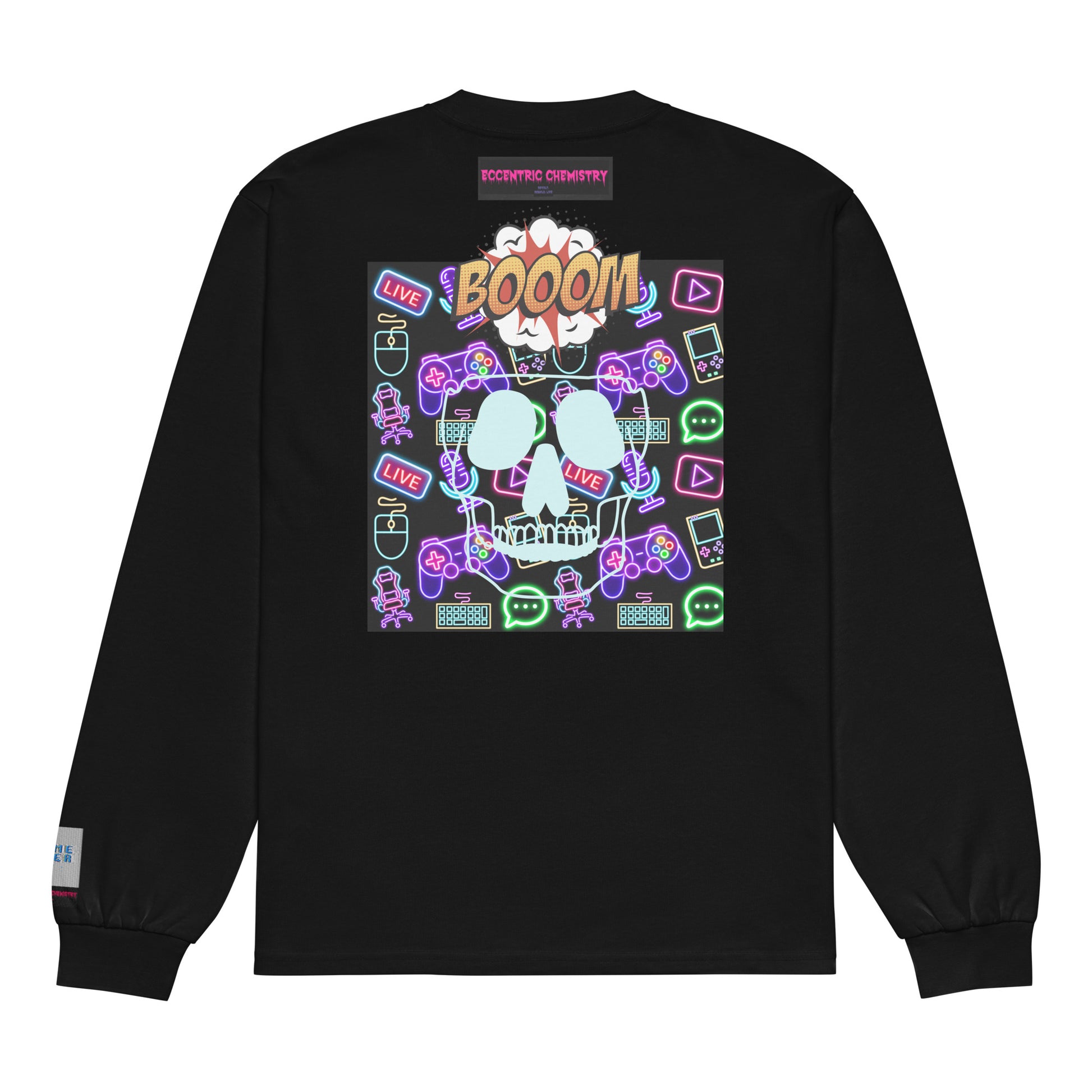 Black premium heavyweight long sleeve shirt featuring a classic "Game Over Research" design, unisex fit from Eccentric Chemistry.
