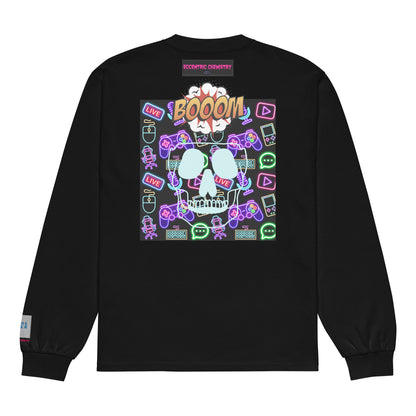 Black premium heavyweight long sleeve shirt featuring a classic "Game Over Research" design, unisex fit from Eccentric Chemistry.
