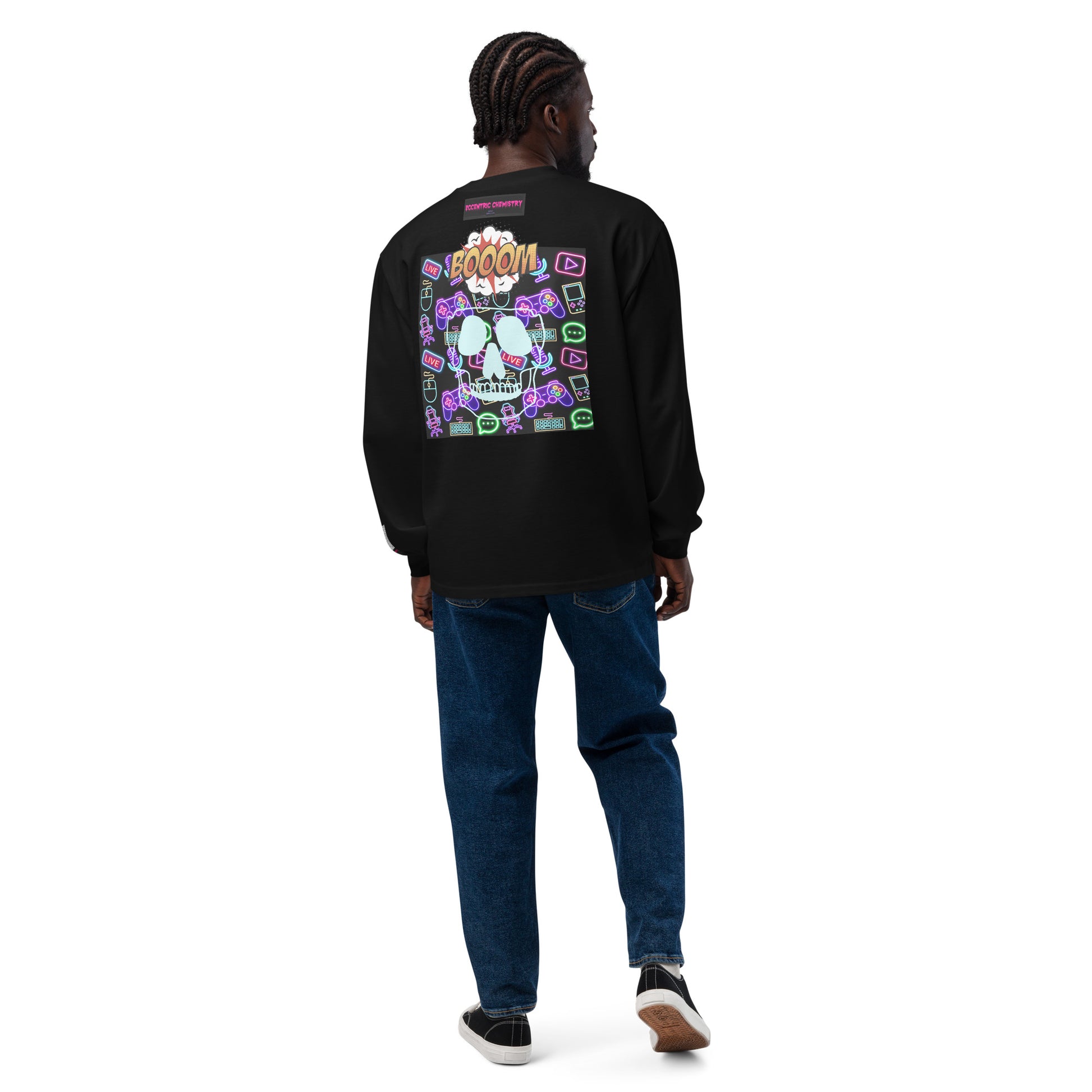 Black heavyweight long sleeve shirt featuring "Game Over Research" graphic, unisex classic fit from Eccentric Chemistry's Tiny Shop.