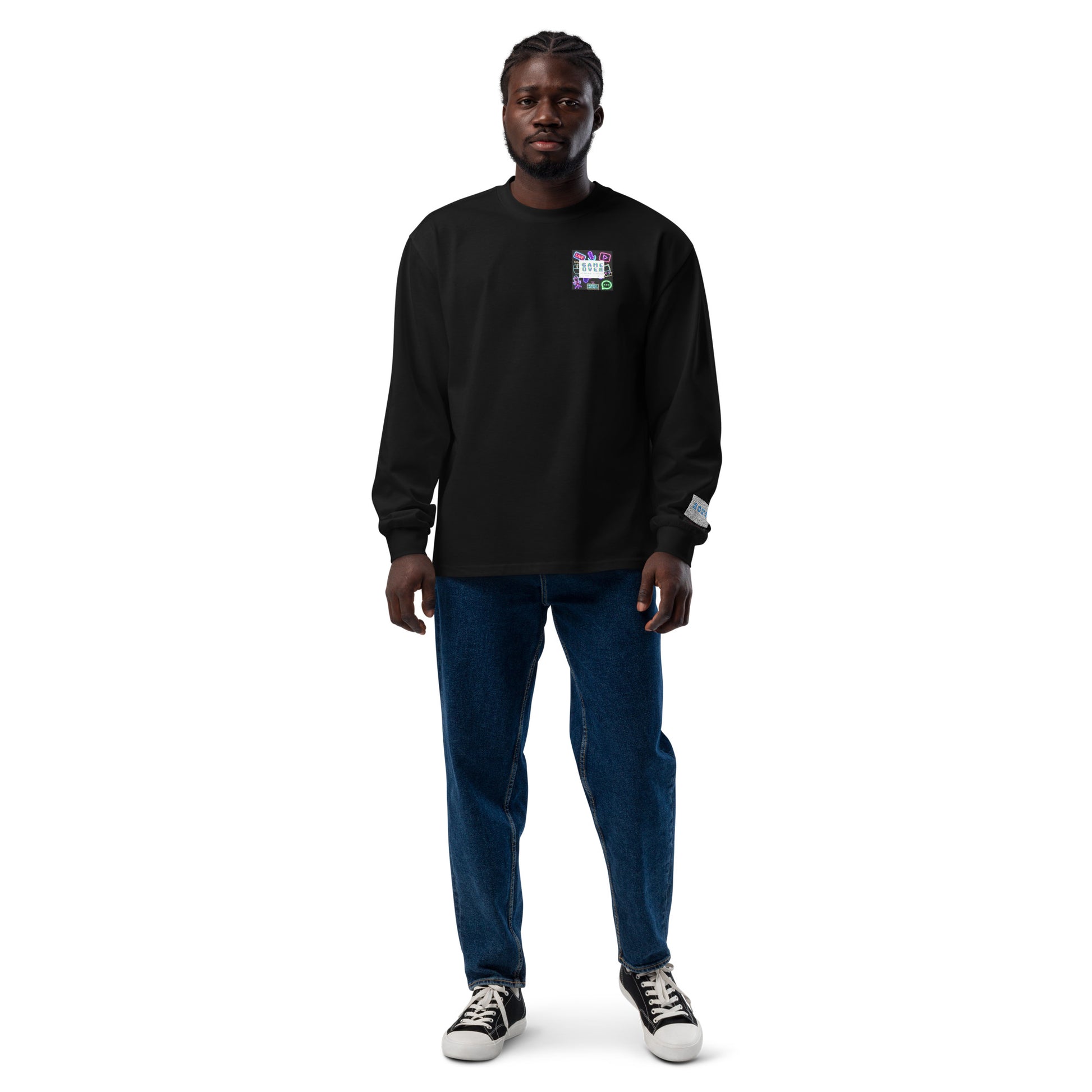 Unisex black long sleeve shirt with "Game Over Research" text, Premium Heavyweight fabric, by Eccentric Chemistry's Tiny Shop of T-Shirt Horrors.