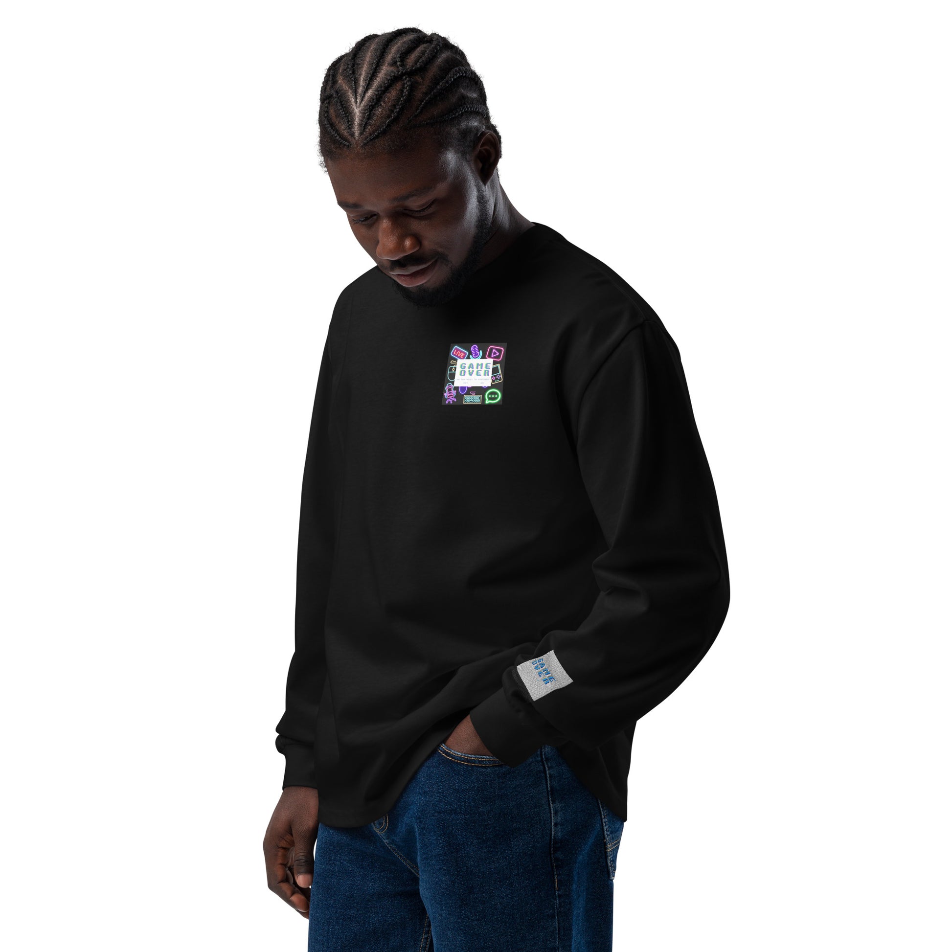 Unisex black premium heavyweight long sleeve shirt with "Game Over Research" graphic on front, from Eccentric Chemistry's T-Shirt Horrors.