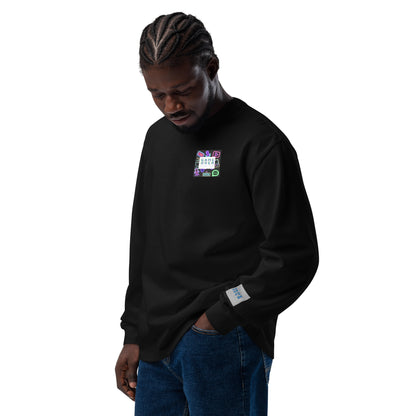 Unisex black premium heavyweight long sleeve shirt with "Game Over Research" graphic on front, from Eccentric Chemistry's T-Shirt Horrors.