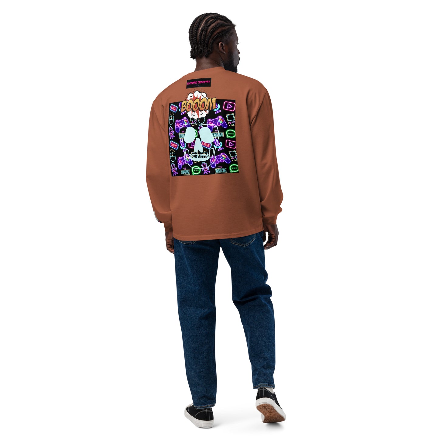 Unisex premium heavyweight long sleeve shirt with "Game Over Research" print in clay color, from Eccentric Chemistry's T-Shirt Horrors collection.