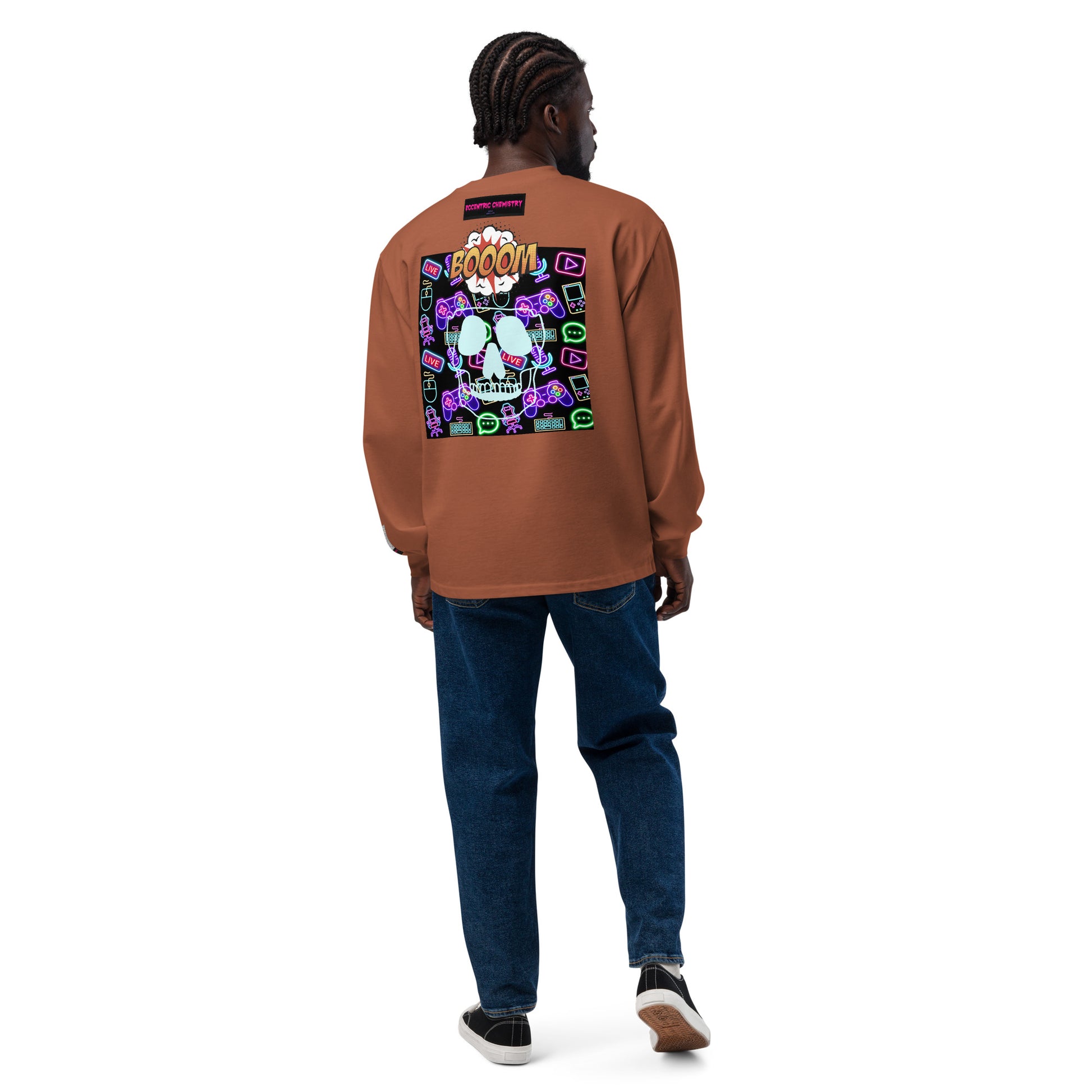 Unisex premium heavyweight long sleeve shirt with "Game Over Research" print in clay color, from Eccentric Chemistry's T-Shirt Horrors collection.