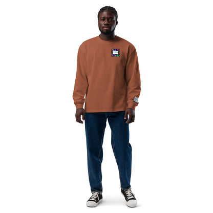 Unisex premium heavyweight long sleeve shirt in clay color with "Game Over Research" graphic, from Eccentric Chemistry's T-Shirt Horrors line.