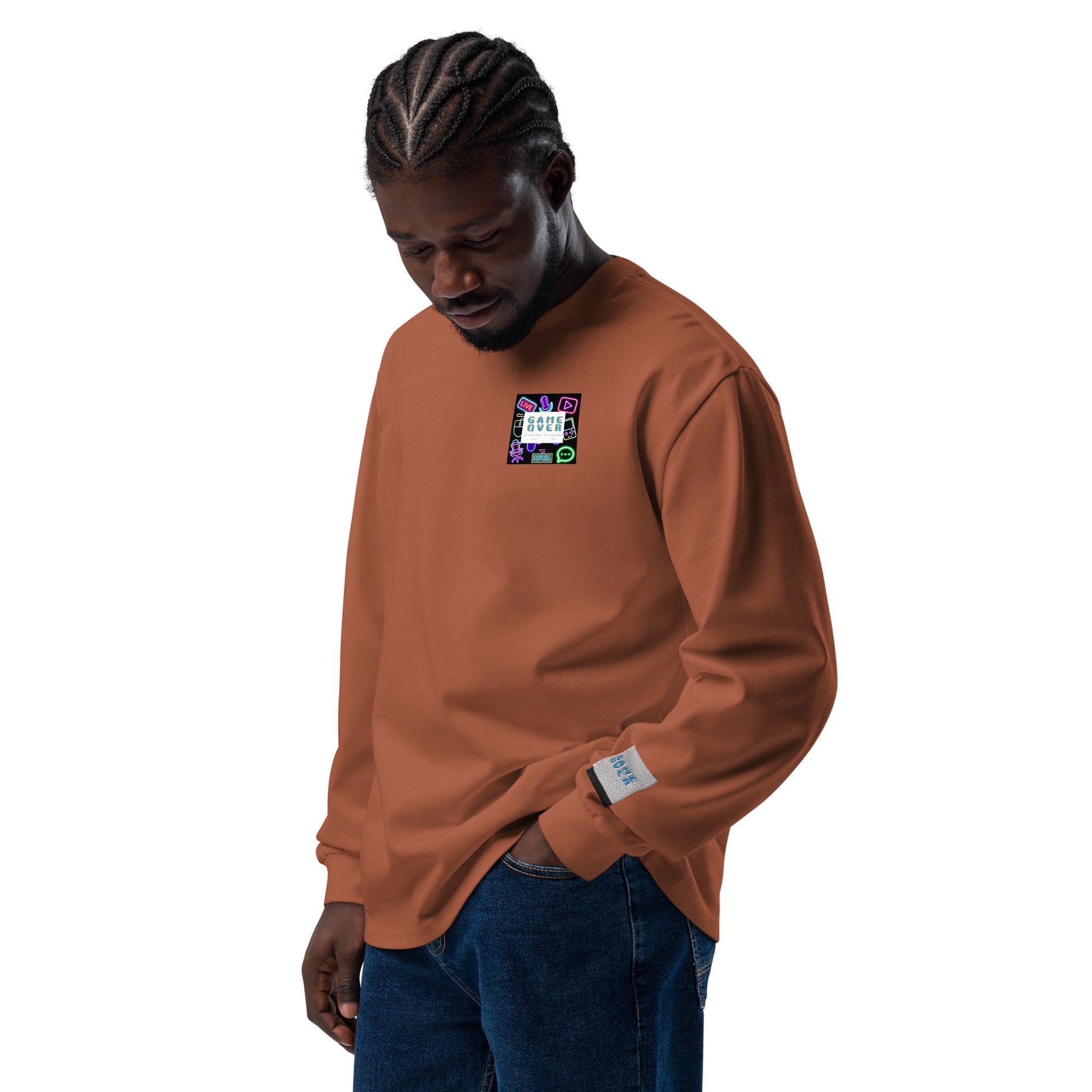 Unisex premium heavyweight long sleeve shirt in clay with "Game Over Research" print, from Eccentric Chemistry's Tiny Shop of T-Shirt Horrors.