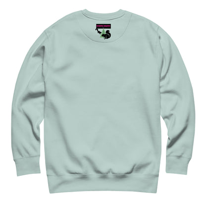 Unisex premium sweatshirt with Flying Squirrel Velocity Experiment print in agave color, featuring a stylish, scientific design.