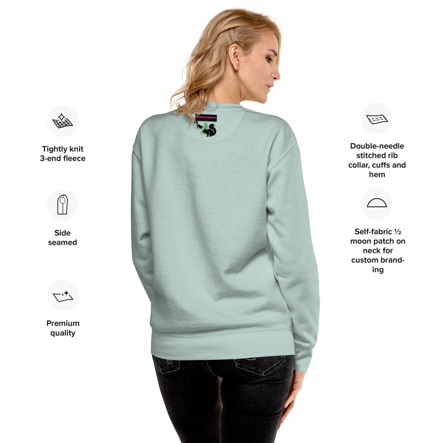 Unisex premium sweatshirt featuring a flying squirrel design from Eccentric Chemistry's Velocity Experiment collection.
