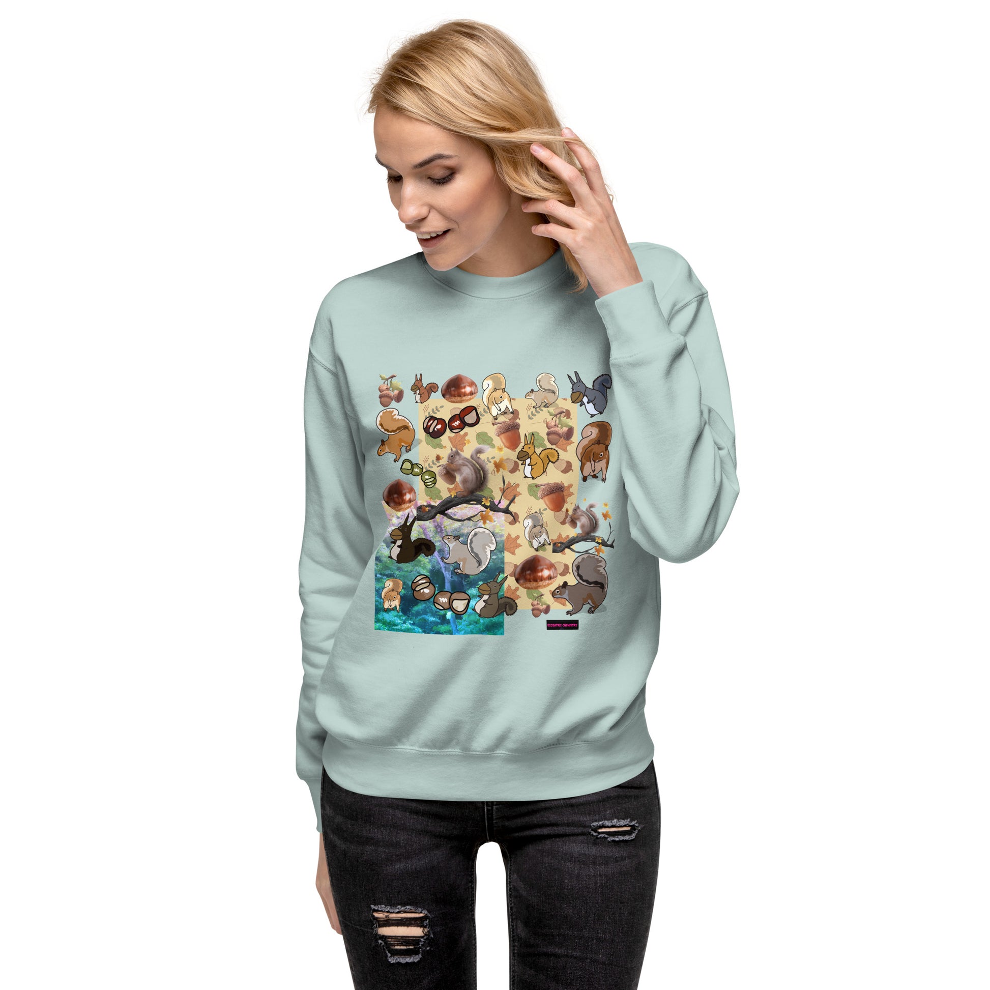 Unisex premium sweatshirt featuring a flying squirrel graphic from Eccentric Chemistry's Velocity Experiment collection.
